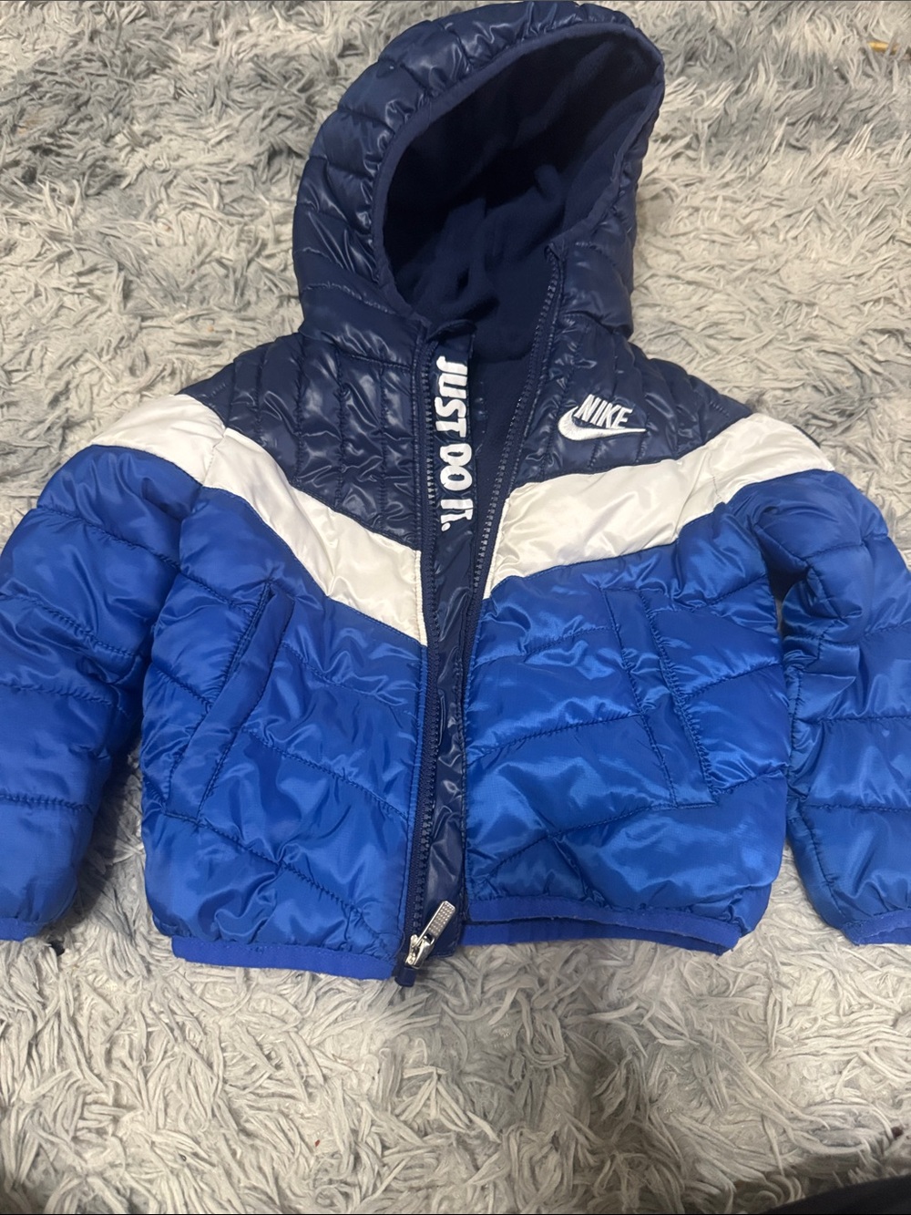 Nike Kids Blue and White Hooded Puffer Jacket